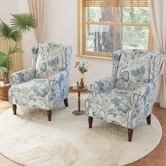 Lumibee Wingback Accent Chair, 2 Set High Back Floral Armchairs in Fabric,Comfy Upholstered Reading Single Sofa Chairs with Solid Wood Legs for Living Room,Bedroom,Office-Plants Blue