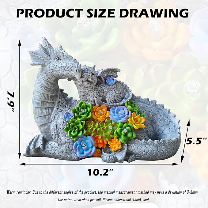 Solar Dragon Statue with LED Lights, Dargon Lover Gifts with Succulent and 6 LED Lights for Outdoor,Solar Dragon Decor for Yard, Garden and Patio, Unique Garden Statue for Mom Grandma