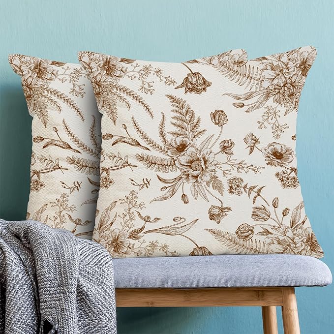 CXMEIFLY Spring Floral Leaves Pillow Covers 24 x 24 Inch Set of 2 for Chinoiserie Flowers Decor Throw Pillows Brown and White Seasonal Plant Outdoor Decorative Cushion Cases for Couch Bed Decorations