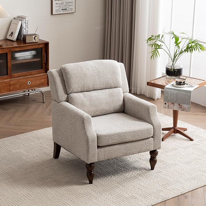 Kidol & Shellder Oatmeal Oversized Accent Chair for Living Room Mid Century Modern Reading Chair with Back Wide Upholstered Comfy Single Sofa Chair Bedroom Lounge Side Corner Boucle Fabric Armchair