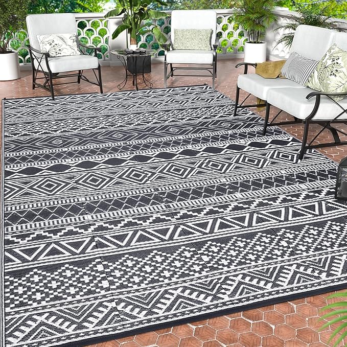 GAOMON Reversible Outdoor Rug 9'x18' Waterproof Plastic Straw Rug, Patio Rug, Large Modern Area Rug Carpet, Indoor Outdoor Rugs for Camping, Porch, Deck, Balcony, Backyard, Grey/White(Bohemia)