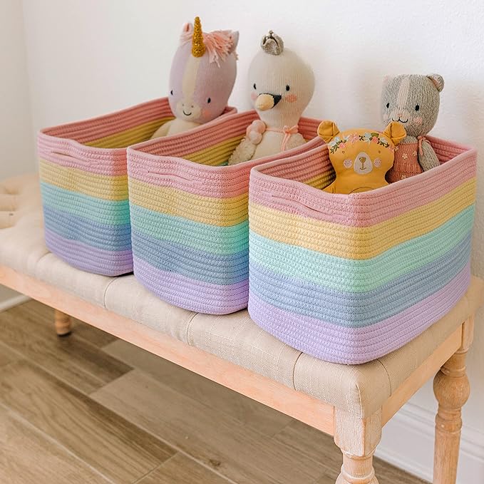 OrganiHaus Set of 3 Rainbow Woven Storage Baskets for Organizing, Cotton Rope Organizer Bins for Shelves, Closet & Nursery, Dog Toy Basket, Decorative Bins for Toys, Towels & Books - 15x10x9
