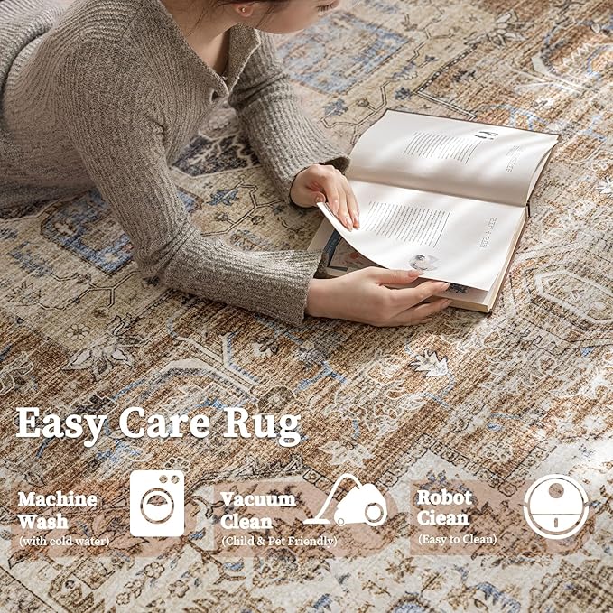 6'x9' Area Rug - Vintage Persian Medallion Design Low-Pile Faux Wool Rug, Non-Slip Backing, Machine Washable, for Living Room, Dining Room, Bedroom (Brick Red)