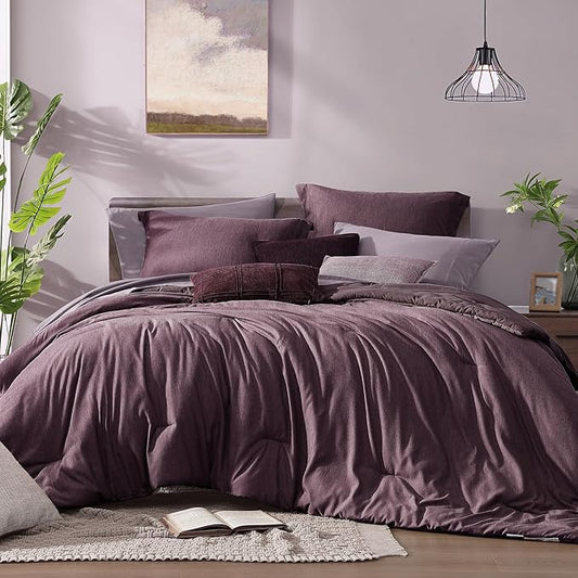 Monbix Queen Comforter Set - 7 Pieces Cationic Dyeing Italian Plum Bed in a Bag Queen Bedding Sets with Comforter, Sheets, Pillowcases & Shams, Reversible Bedding Comforters Sets