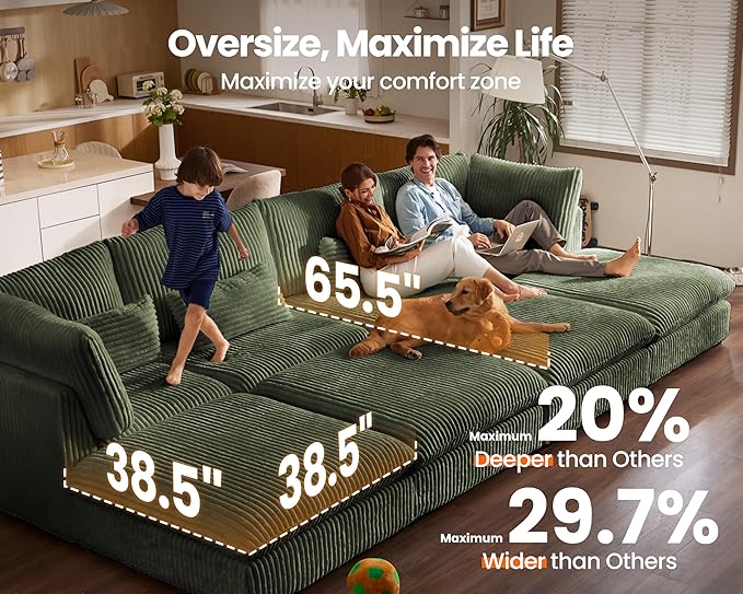 Oversized Modular Sofa, Extra Deep Cloud Corduroy Sectional Couch with Ottoman Chaise, Fluffy Chenille 6 Seat U-Shaped Sofa for Living Room, Villa (U Shape 6 Seater, Corduroy Green)