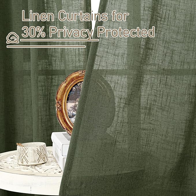LAMIT Sheer Linen Curtains 40 inch Long for Small Windows, Olive Green Light Filtering Curtains Bronze Grommet Linen Textured Neutral Boho Christmas Drapes for Kitchen/Cafe, 2 Panels, 34 x 40 Inch