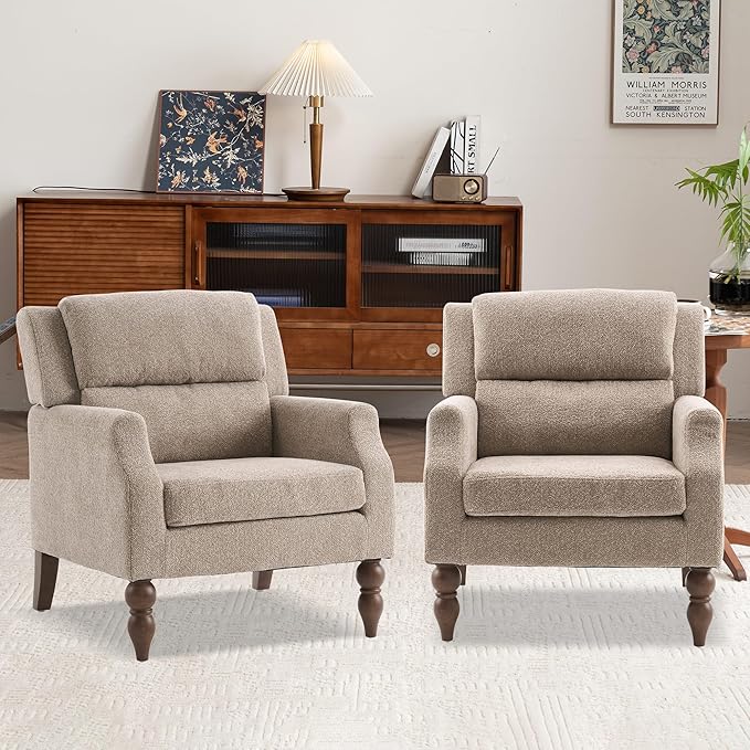 Kidol & Shellder Light Brown Oversized Accent Chair for Living Room Set of 2 Modern Reading Chair with Back Upholstered Comfy Single Sofa Chair for Bedroom Lounge Side Corner Boucle Fabric Armchair