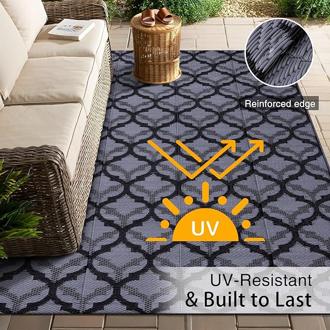 OLANLY Reversible Outdoor Rug 5x8 ft Clearance, Waterproof Outdoor Plastic Straw Rug with Interlacing Pattern, RV Mat for Patio, Camping, Balcony, Deck, Backyard, Black & Grey
