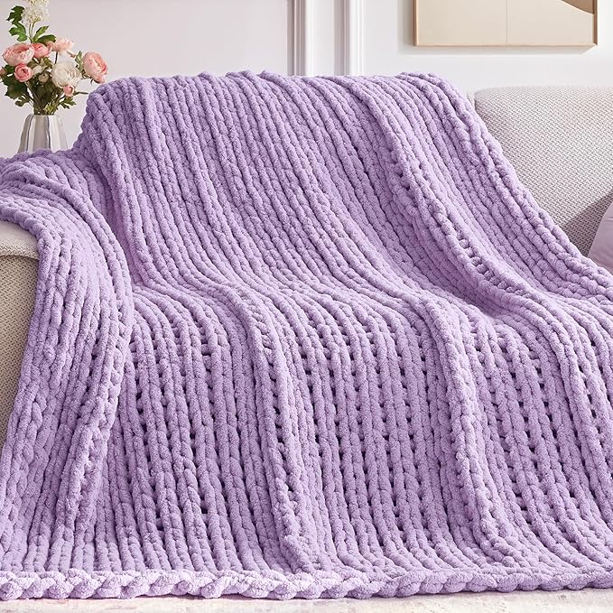 Chunky Knit Throw Blanket, 30''*40'' Knitted Throw Chenille Yarn for Bed Couch, Handmade Light Purple Crochet Big Thick Blanket, Machine Washable Cute Comfy Blanket for Home Decor