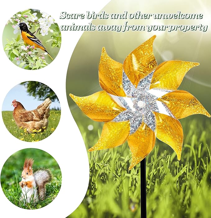 Hausse 10 Pack Reflective Pinwheels with Stakes, Extra Sparkly Pin Wheel for Garden Decor, Bird Repellent Devices Deterrent to Scare Birds Away from Yard Patio Farm, Golden