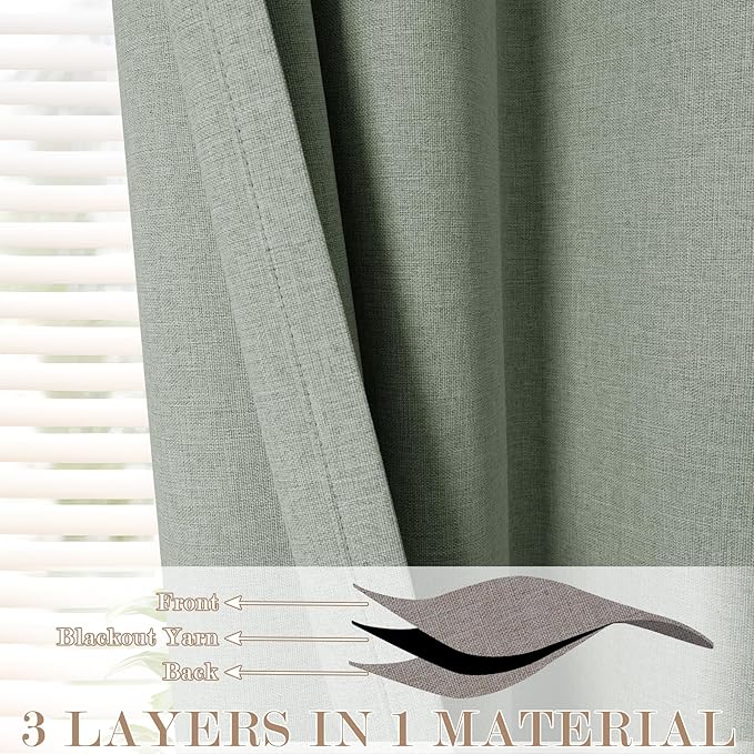 Extra Wide 100% Blackout Linen Textured Curtains - Room Dividers, W200 x L84 (1 Panel), Pinch Pleat Drapes for Living Room, Full Light Block Out Drapery for Sliding Door, Fog Green