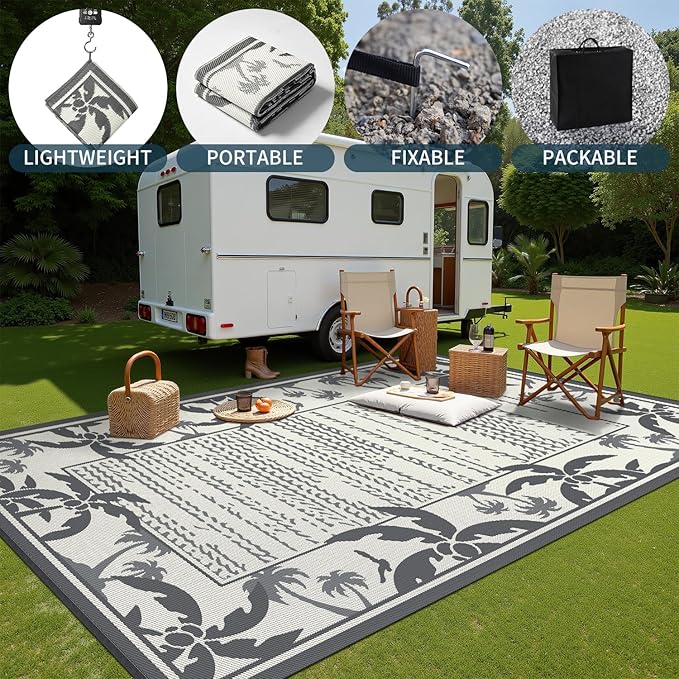 COCOER Outdoor-Rug 8x10 ft Waterproof Reversible Outdoor Plastic Straw Rug RV Indoor Outdoor Carpet Quick Dry Patio Rug Camping Mat for Balcony Backyard Picnic Beach-Grey&Beige