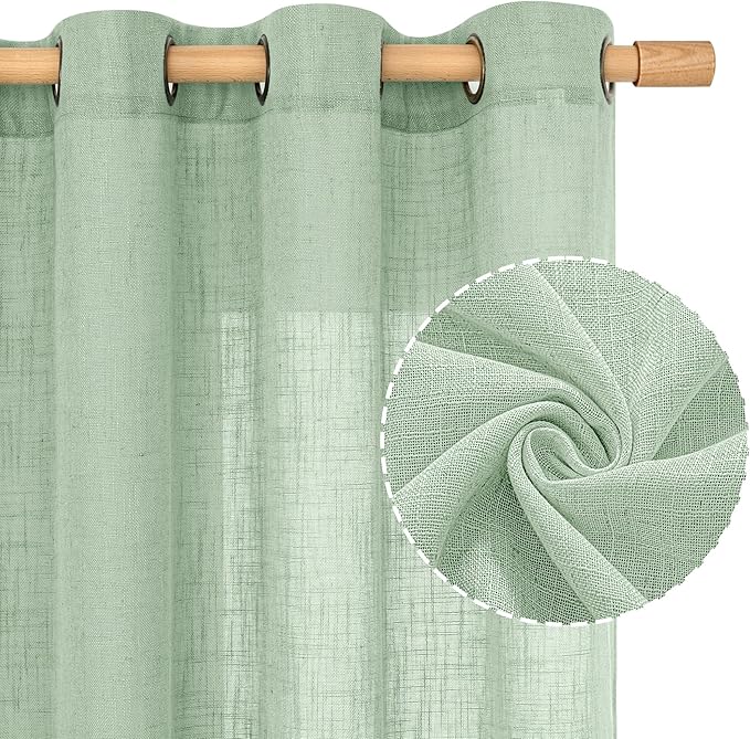 LAMIT Semi Sheer Linen Curtains 45 Inches Long, Light Filtering Panels Bronze Grommet Neutral Drapes for Kitchen/Window/Bedroom, Fresh Green, 2 Panels, 52 x 45 Inch