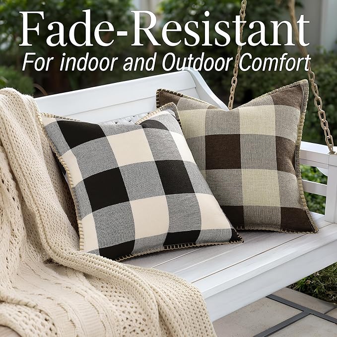 decorUhome Buffalo Plaid Check Throw Pillow Covers 16x16 Set of 2, Outdoor Decorative Farmhouse Neutral Pillow Covers with Stitched Edge for Bed Couch Sofa, Black and White