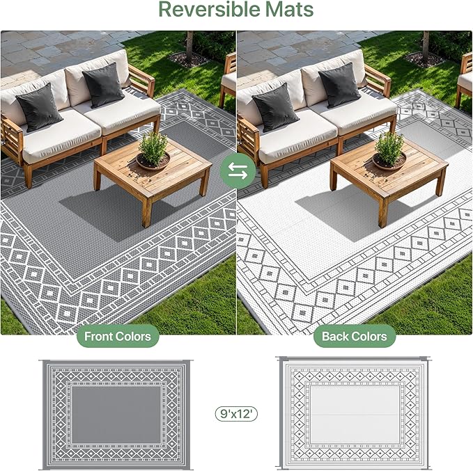 GENIMO Outdoor Rug Waterproof for Patio, 9'x12' Reversible Plastic Straw Outdoor Carpet, Camping Outside Mat for Outdoor Decor, RV, Deck, Camper, Balcony, Picnic, Grey & White