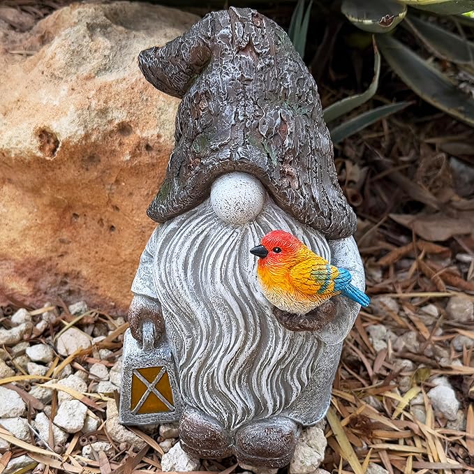 Mood Lab Garden Gnome - Stone Gnome Figurine - 9.1 Inch Tall Lawn Statue with Bird - for Outdoor or House Decor