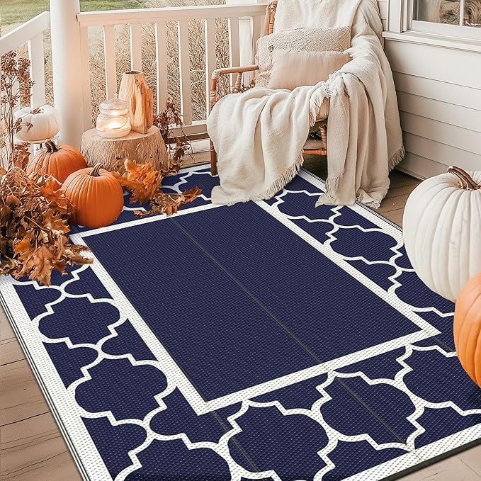 GENIMO Outdoor Rug 8' x 10' Patio Waterproof, Foldable Reversible Plastic Straw Area Rugs Mat for Camper Decor, Outside Carpet for Rv, Deck, Porch, Picnic, Beach, Balcony, Blue & White