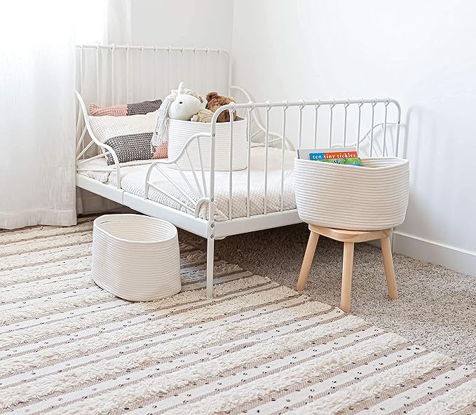 OrganiHaus Set of 3 Woven Storage Baskets for Organizing, Cotton Rope Organizer Bins for Shelves, Closet & Nursery, Dog Toy Basket, Decorative Bins for Toys, Towels & Books - 15x10x9, Off-White