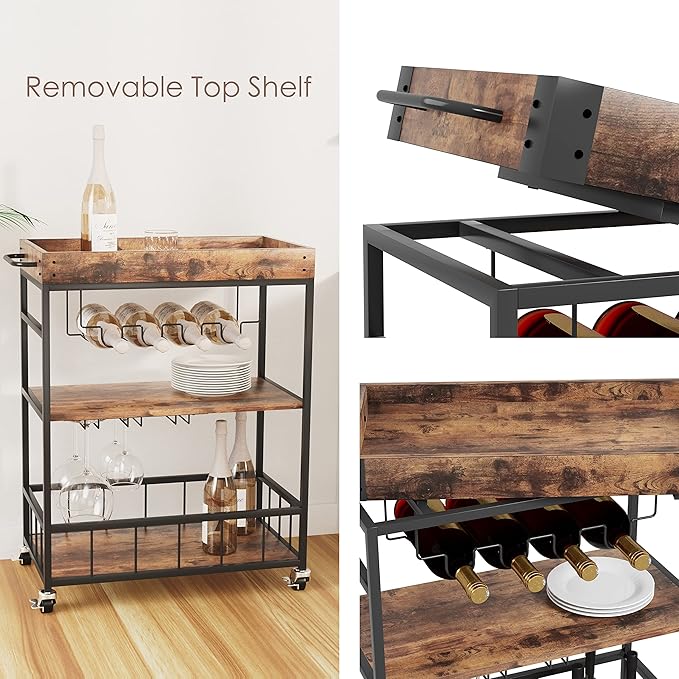 Bar Cart Serving Wine 3 Tier Home Rolling Rack with Wheels Mobile Kitchen Industrial Vintage Style Wood Metal Serving Trolley Serving Cart,Glass Holder Bar Cabinet