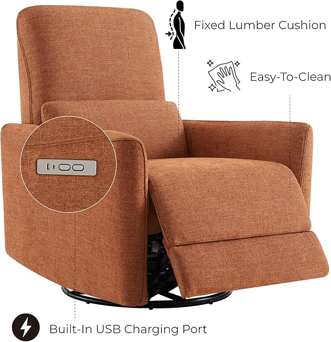 CHITA Power Recliner Chair Swivel Glider, FSC Certified Fabric Living Room Nursery Reclining Sofa Chair with Lumbar Support,Terracotta