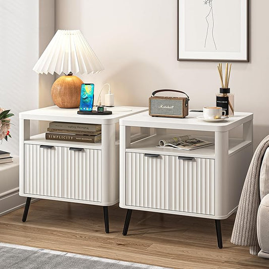 Nightstand Set of 2 with Charging Station, 24" End Table Side Table with Open Shelf, Modern Large Wood Fluted Bedside Cabinet for Bedroom, Living Room, White
