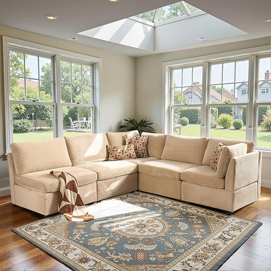 Modular Sectional Sofa with Chaise U Shaped Sectional Couch for Living Room, 5-Seater Comfy Cloud Couches, Plush Corduroy, Beige