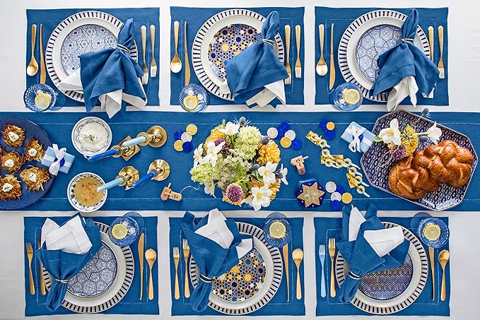 Solino Home Linen Indigo Blue Table Runner 72 Inches Long - 100% Pure Linen Hemstitch Table Runner 14 x 72 Inch for Dresser, Dining, Fall, Autumn, Halloween - Classic Hemstitch