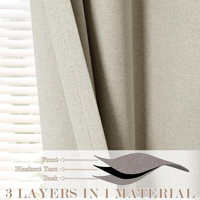 Extra Wide 100% Blackout Linen Textured Curtains - Room Dividers, W150 x L108 (1 Panel), Pinch Pleat Drapes for Living Room, Full Light Block Out Drapery for Sliding Door, Ivory White