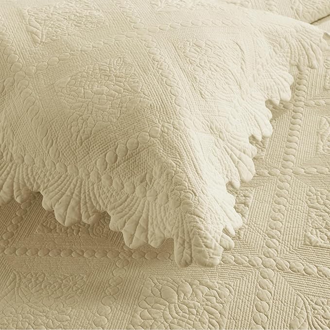 MarCielo 3-Piece 100% Cotton Oversized Bedspread Lightweight Quilt Coverlet Embroidery Farmhouse Bedding Set (Tk Beige Khaki, Oversized Queen (100"x106"))