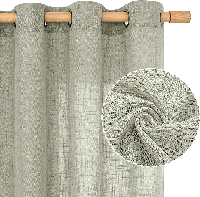 LAMIT Short Linen Curtains 48 Inch Length 2 Panels, Semi Sheer Light Filtering Panels Bronze Grommet Drapes for Small Window/Bathroom/Bedroom/Basement, Sage Grey, 34 x 48 Inch