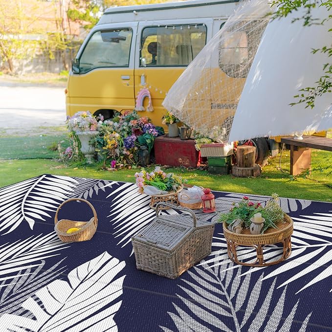 GENIMO Outdoor Rug 9' x 18' Waterproof for Patios Clearance, Reversible Outdoor Plastic Straw Camping Rug Carpet, Large Area Rugs Mats for RV, Camper, Deck, Balcony, Porch, Beach, Navy Blue&White