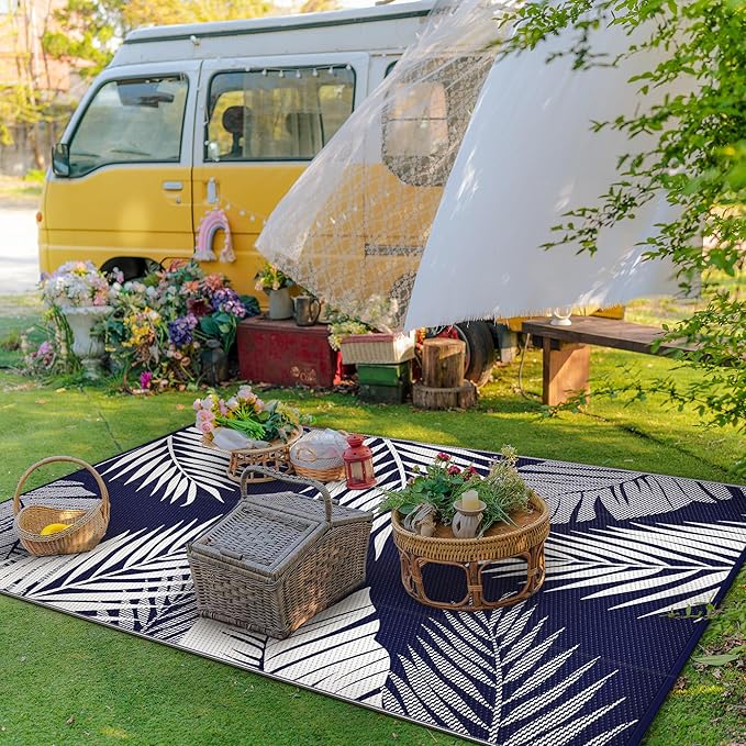 GENIMO Outdoor Rug 3' x 5' Waterproof for Patios Clearance, Reversible Outdoor Plastic Straw Camping Rug Carpet, Large Area Rugs Mats for RV, Camper, Deck, Balcony, Porch, Beach, Navy Blue&White