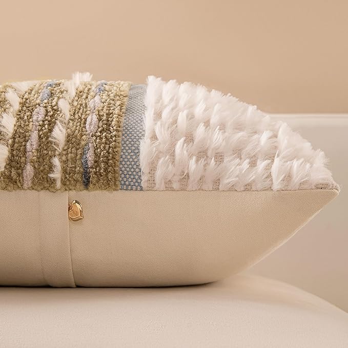 Boho Chenille Tufted Couch Throw Pillow Covers 18x18 Inch Set of 2 Farmhouse Striped Decorative Pillow Covers Accent Neutral Pillowcase Brown Cushion Cover for Living Room Sofa Bed