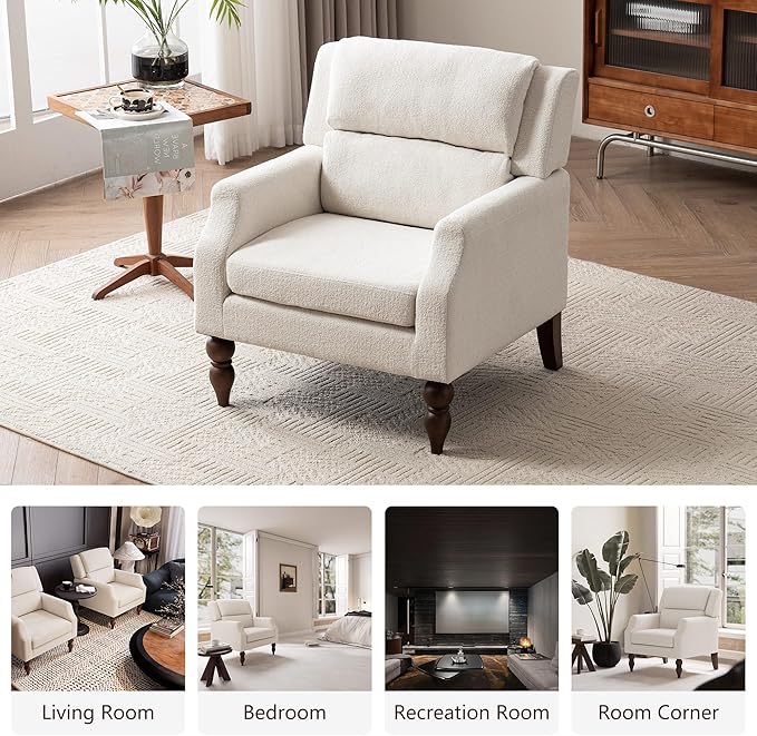 Kidol & Shellder White Oversized Accent Chair for Living Room Mid Century Modern Reading Chair with Back Wide Upholstered Comfy Single Sofa Chair for Bedroom Lounge Side Corner Chair Fabric Armchair