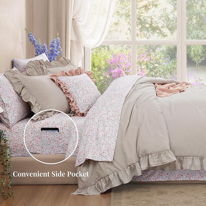 King Comforter Set - 7 Pieces Ruffle Beige Bedding Sets, Shabby Chic Farmhouse Bed in a Bag King with Ruffle Comforter, Floral Sheets, Pillowcases & Shams
