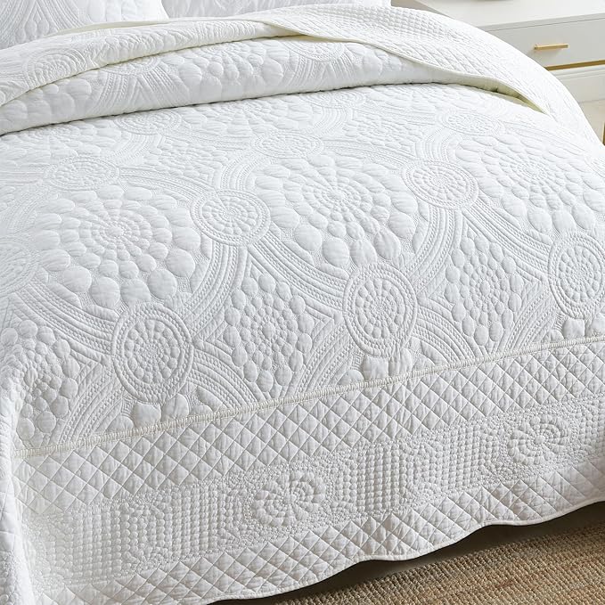 MarCielo 3-Piece 100% Cotton Oversized Bedspread Lightweight Quilt Coverlet Embroidery Farmhouse Bedding (Tf Bright White, Oversized Queen (100"x106"))