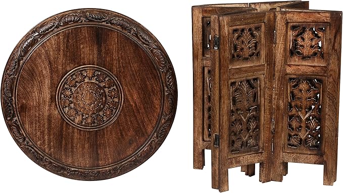 Lightnpro Handcrafted Wooden Round Accent Table - Vintage Farmhouse Octagonal Side End Table with Intricate Carvings for Living Room, Bedroom, Entryway - 18x18 Inch - Burnt