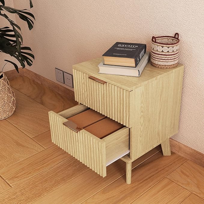 Fluted Nightstand, Mid Century Modern 2 Drawer Bedside Table for Bedroom, Small Dresser Night Stand Side End Table with Wood Fluted Drawer Storage for Bedroom Closet(Natural)
