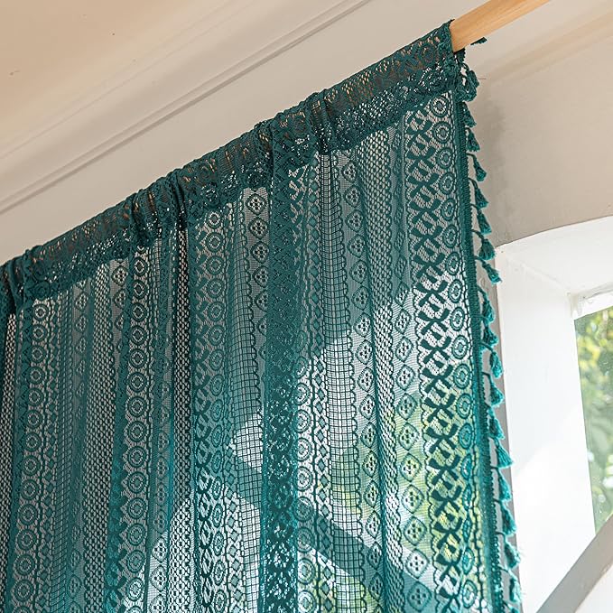 Sutuo Home Boho Curtains Crochet Lace Sheer Bohemian Hollow Knitted with Tassels, Window Treatment Privacy Vintage Rustic Farmhouse Drapes for Bedroom, Rod Pocket 1 Panel 59" W x 63" L, Turquoise