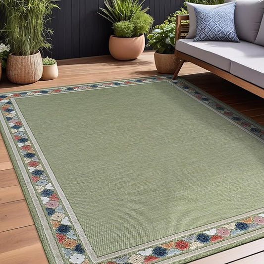 Beverly Rug Outdoor Rug 9x12 Modern Bordered Large Area Rugs for Indoor and Outdoor Patio Easy to Clean Non Shedding Living Room Porch Garden Washable Outside Carpet (9 x 12 Green)