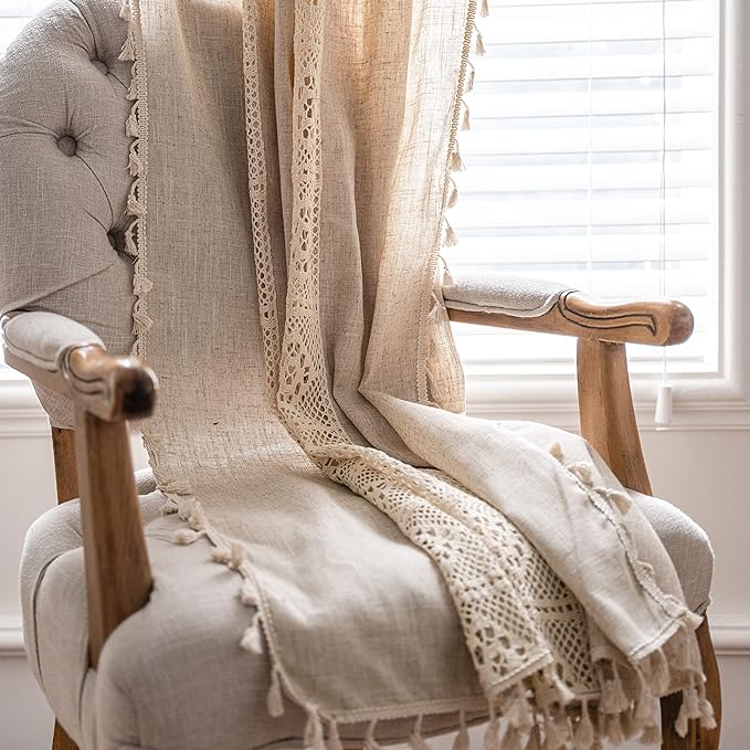 Sutuo Home Boho Curtain Semi-Blackout Crochet Hollow Lace Patchwork with Textured Linen Fabric, Handmade Tassels Rod Pocket Bohemian Window Drapes for Living Bedroom, 59" W x 96" L, 1 Panel