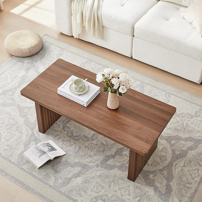 Rectangular Fluted Coffee Table, Farmhouse Wood Coffee Table Mid Century Modern Center Table Boho Living Room Tables for Living Room Office (Walnut, 19.69" D x 43.3" W x 17.72" H)
