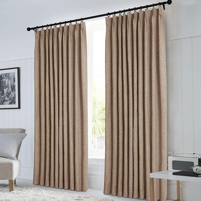 Macochico Pinch Pleated Blackout Linen Curtains 96 Inches Long 100% Light Blocking Burlap Curtains for Bedroom Living Room Thermal Window Panels with Tieback 72”Wx96”L Taupe 1 Panel