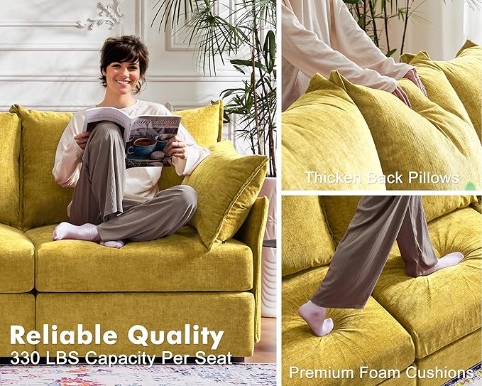 Oversized Loveseat Sofa, Modern Modular Sectional Couch Yellow Fluffy Chenille Mid Century 2-Seat 24.5" Deep Seat for Apartment, Living Room, Bedroom