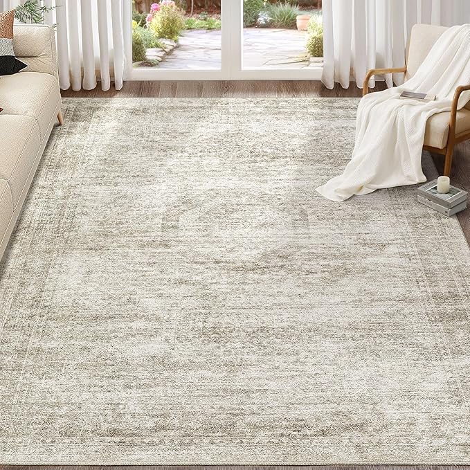 Washable Area Rugs for Living Room -7x9 Neutral Vintage Distressed Floral Farmhouse Boho Large Soft Floor Rug Indoor Non Slip Carpet for Living Room Bedroom Dining Room Office-Beige