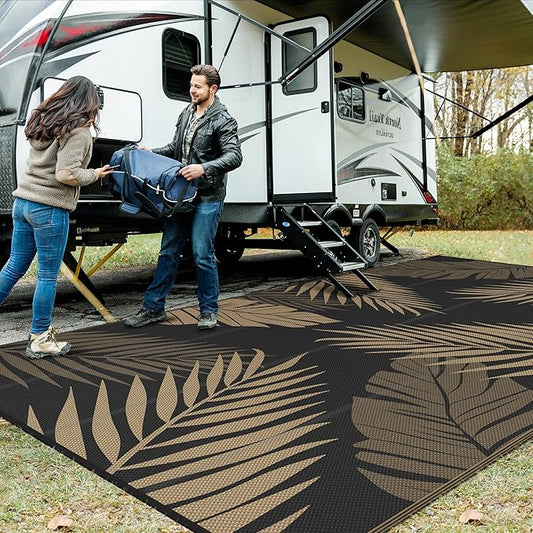 GENIMO Outdoor Rug 10' x 20' Waterproof for Patios Clearance, Reversible Outdoor Plastic Straw Camping Rug Carpet, Large Area Rugs Mats for RV, Camper, Deck, Balcony, Porch, Beach, Picnic, Black&Brown