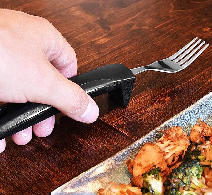 Adaptive Eating Utensils by Celley for Elderly, Handicapped | 4pc Easy Grip Silverware Stainless Steel Knife, Fork, 2 Spoons – (Black)