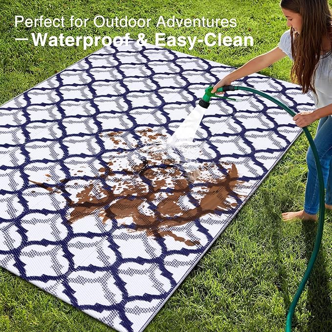 OLANLY Reversible Outdoor Rug 5x8 ft Clearance, Waterproof Outdoor Plastic Straw Rug with Interlacing Pattern, RV Mat for Patio, Camping, Balcony, Deck, Backyard, Navy & White
