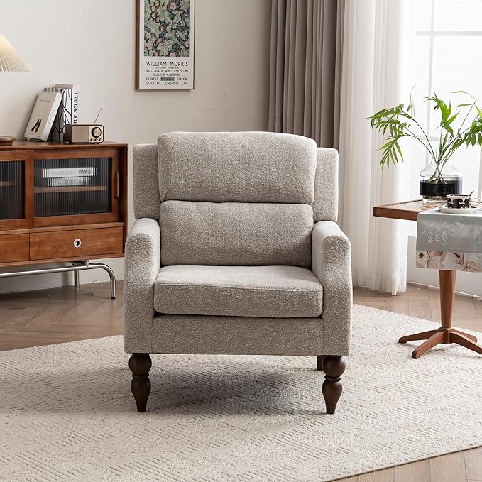 Kidol & Shellder Oatmeal Oversized Accent Chair for Living Room Set of 2 Modern Reading Chair with Back Wide Upholstered Comfy Single Sofa Chair Bedroom Lounge Side Corner Boucle Fabric Armchair