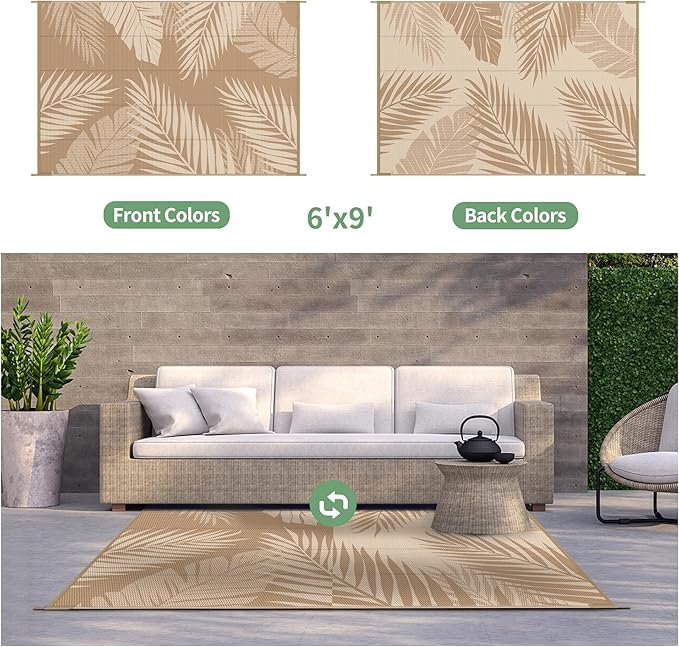 GENIMO Outdoor Rug 6' x 9' Waterproof for Patios Clearance, Reversible Outdoor Plastic Straw Camping Rug Carpet, Large Area Rugs Mats for RV, Camper, Deck, Balcony, Porch, Beach, Picnic, Brown&Beige